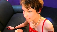 Busty brunette slut enjoys extreme amateur pov blowjob