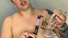 Busty curly brunette with big boobs fucks on couch
