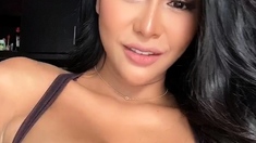 Busty curly brunette with big boobs fucks on couch