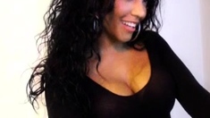 Busty curly brunette with big boobs fucks on couch