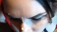 Big tit brunette sucks a big cock blowjob POV