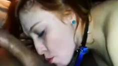 Collared and leashed redhead worships cock and balls