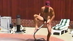 Naughty pool boy polishes his big wang in his boss's backyard