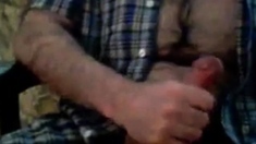 Hairy chest daddy jerking and shoot a nice load
